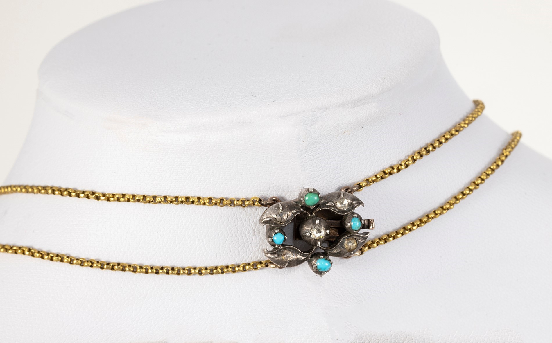 Antica Collana in Oro Giallo e Argento con Turchesi e Rose di Diamante