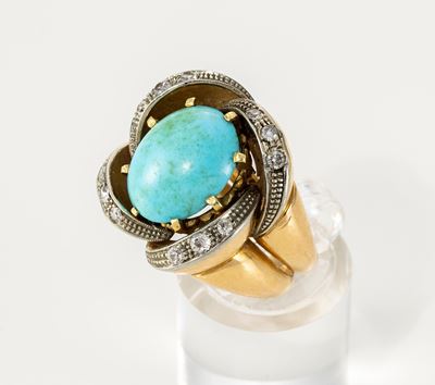 Anello a Fiore in Oro Giallo e Bianco con Turchese e Diamanti