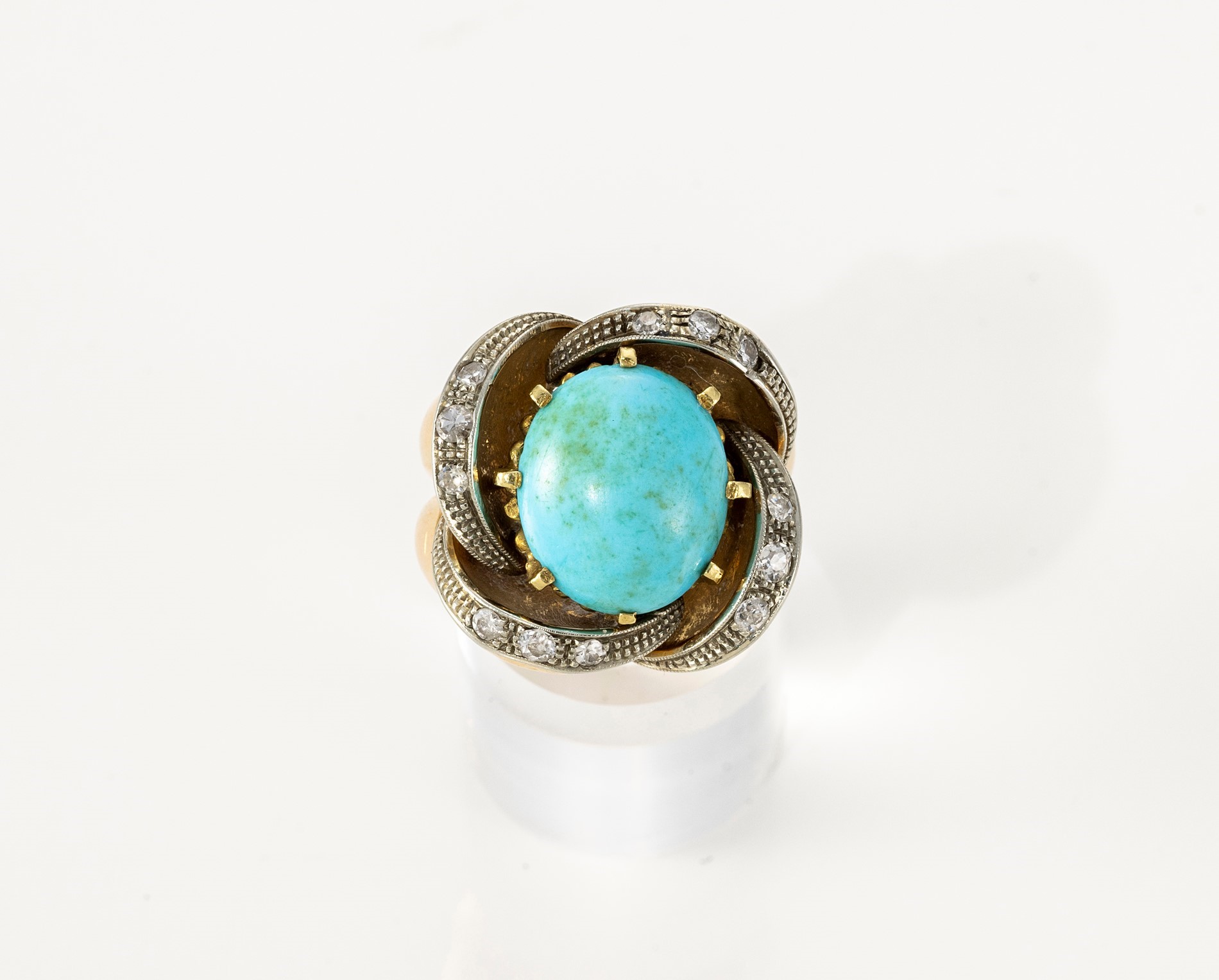 Anello a Fiore in Oro Giallo e Bianco con Turchese e Diamanti
