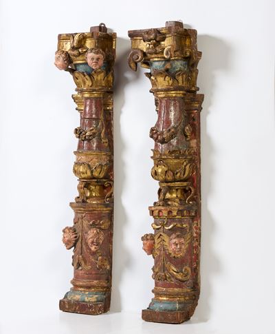 Due Elementi Architettonici in Legno Scolpito, Dorato e Policromo
