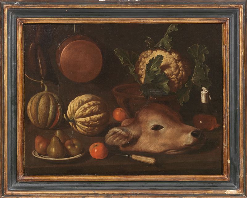 Natura morta con meloni, piatto con pere, testa di vitello e cavolfiore