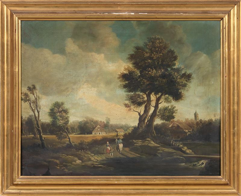 Paesaggio con figure e case sullo sfondo