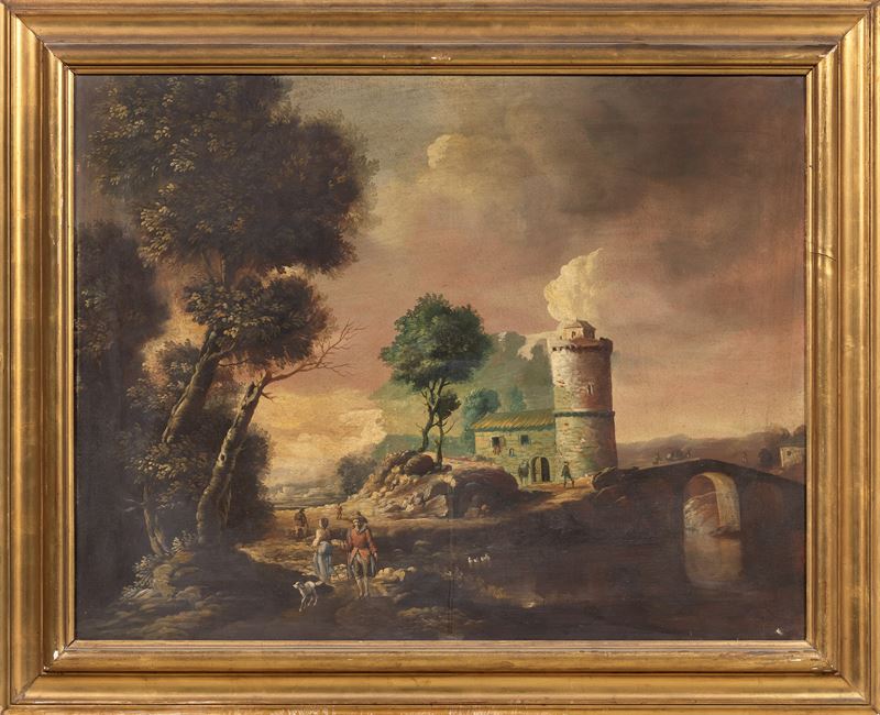 Paesaggio con figure e torre sullo sfondo