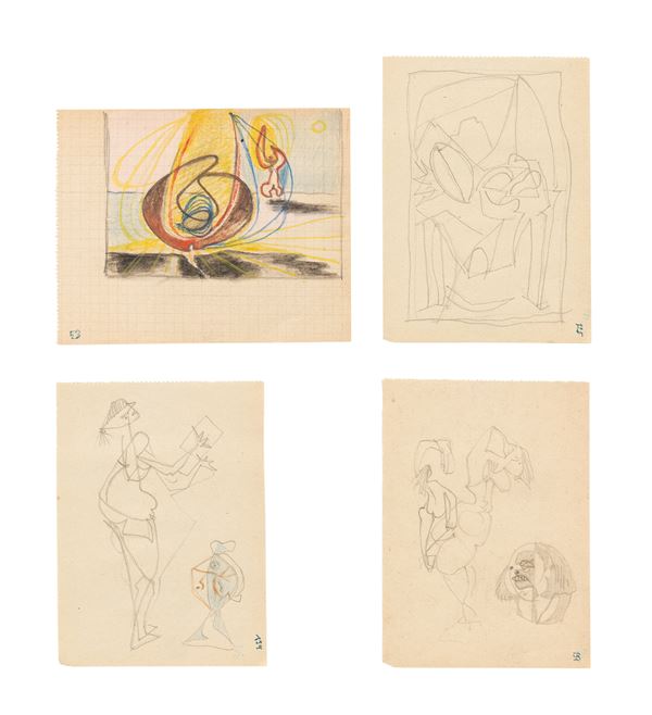 Enrico Prampolini : Quattro disegni da  «I Taccuini Capresi»  (1946-48)  - Matita e pastello su carta - Auction Modern Art - Casa d'aste Farsettiarte