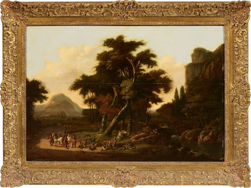 Scuola Fiamminga del XVII Secolo - Paesaggio con Figure e Cavallo