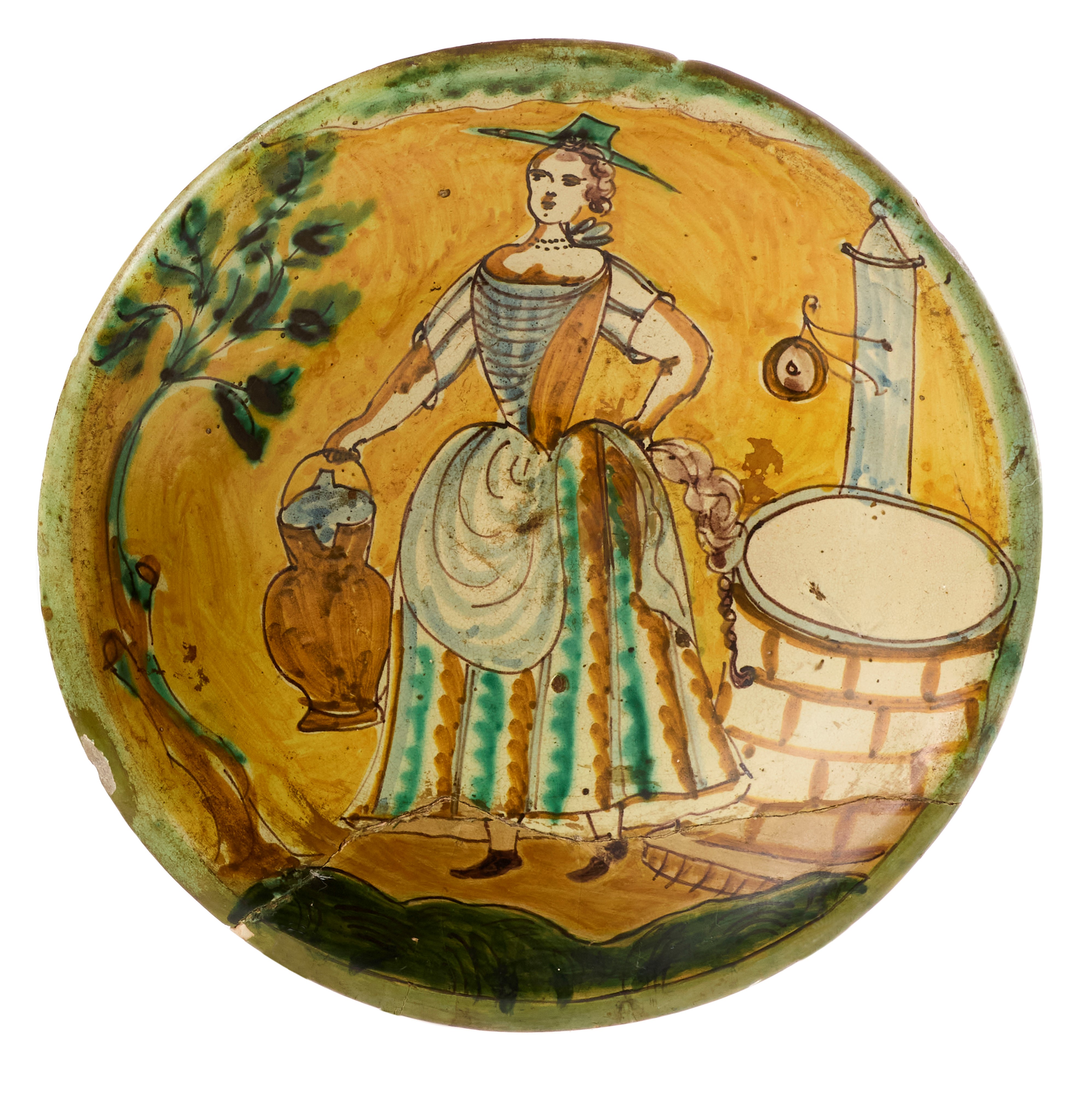 Due Piatti in Maiolica Policroma Giallo, Ocra, Verde, Blu e Manganese