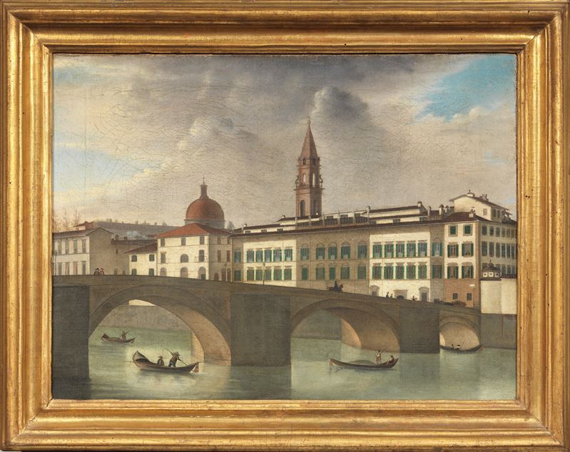 Fabio Borbottoni (attr. A) - Veduta del Lungarno di Firenze dal Ponte alla Carraia con il Campani...