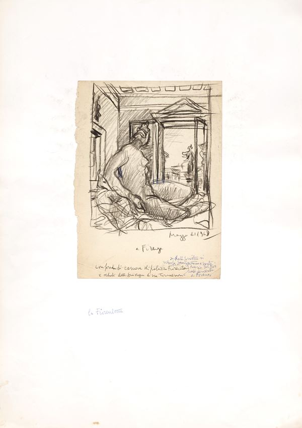 Tomaso Buzzi : A Firenze  - Carboncino su carta applicato su cartoncino - Auction Paintings, Drawings, Sculpures and Multiples - Casa d'aste Farsettiarte