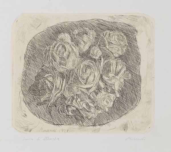 Giorgio Morandi : Natura morta con rose bianche  (1927)  - Acquaforte su rame, es. prova di stampa - Auction Modern Art - Casa d'aste Farsettiarte