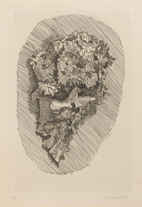 Giorgio Morandi : Fiori in un cornetto su fondo ovoidale  (1929)  - Acquaforte su rame, es. 17/40 - Auction Modern Art - Casa d'aste Farsettiarte