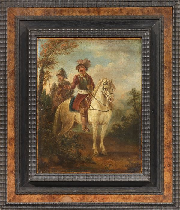 Scuola fiamminga fine XVII secolo : Cavalieri con paesaggio sullo sfondo  - Olio su tela - Asta Dipinti dal XVI al XX secolo - Asta a tempo - Casa d'aste Farsettiarte