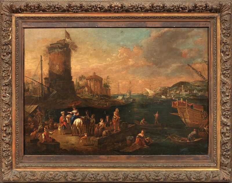 Veduta di porto con vascelli e figure