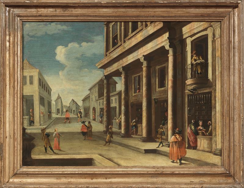 Due opere raffiguranti «Veduta di città con edifici architettonici classici e figure»