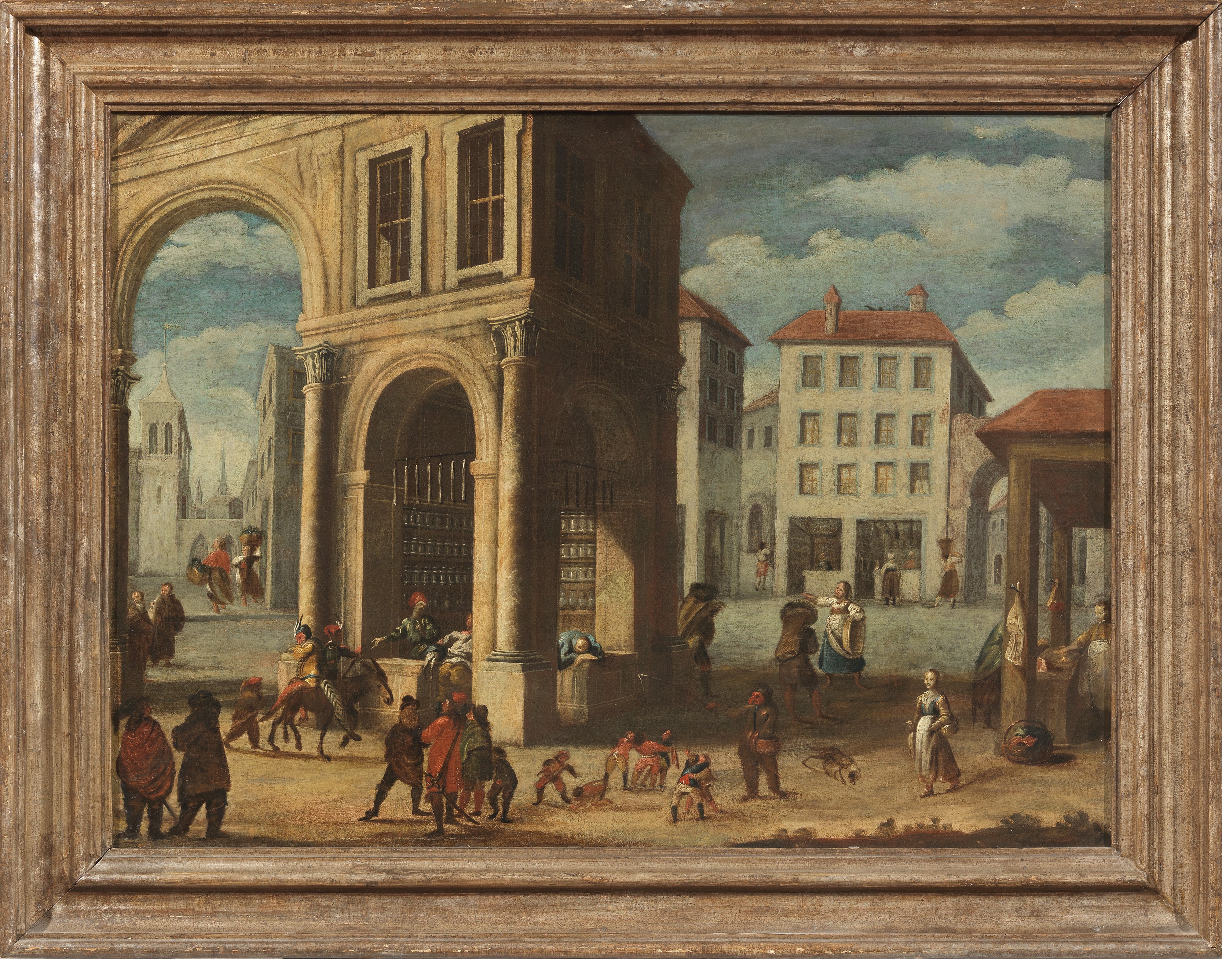 Due opere raffiguranti «Veduta di città con edifici architettonici classici e figure»