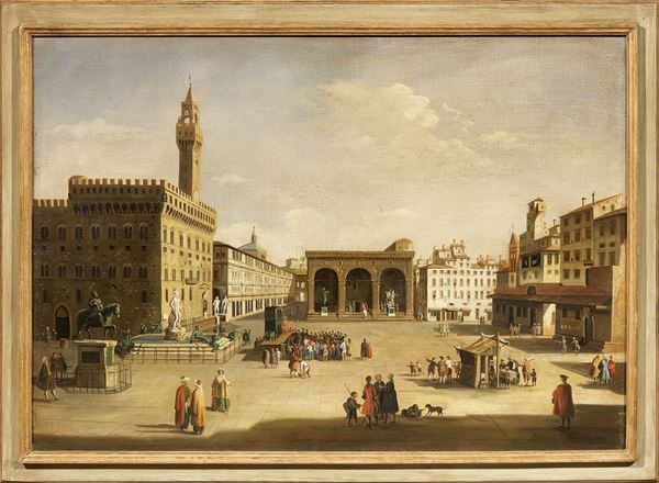 Ignoto fine XIX secolo - Veduta di Piazza della Signoria con scene di mercato