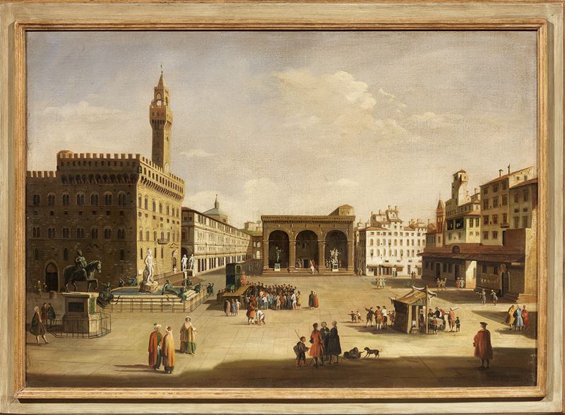 Veduta di Piazza della Signoria con scene di mercato