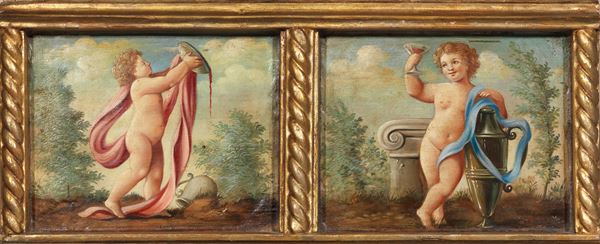 Ignoto inizio XVIII secolo - Coppia di puttini baccanali