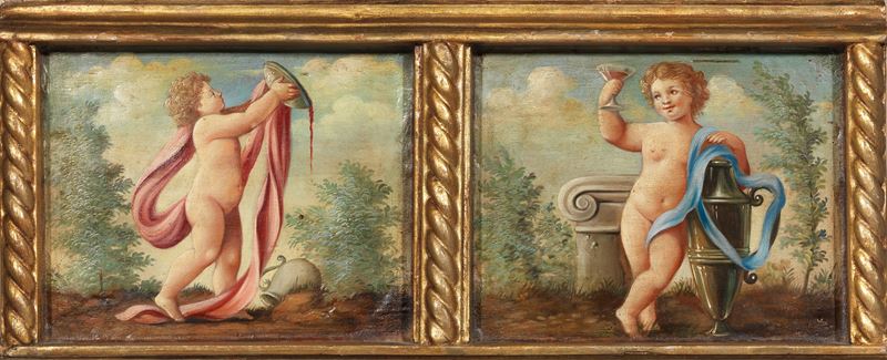 Coppia di puttini baccanali