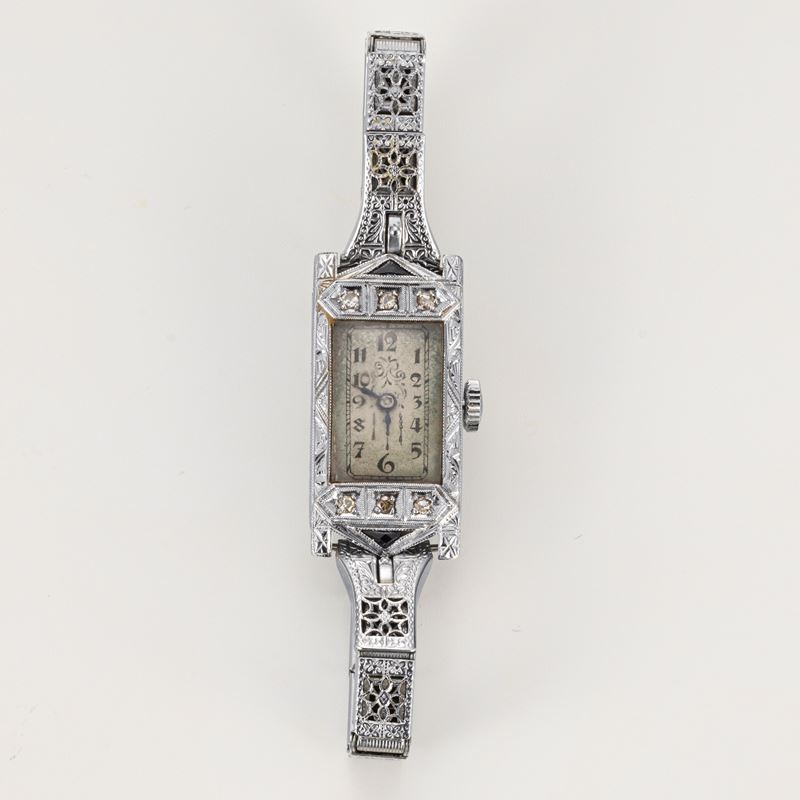 Orologio da polso in oro bianco, anni Trenta-Quaranta