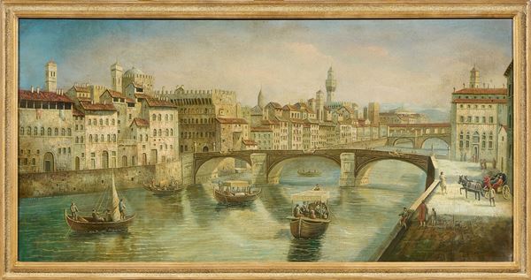 Ignoto del XIX secolo : Veduta dell'Arno da Ponte Santa Trinita a Ponte Vecchio  - Olio su tela - Asta Importanti Dipinti Antichi - Casa d'aste Farsettiarte