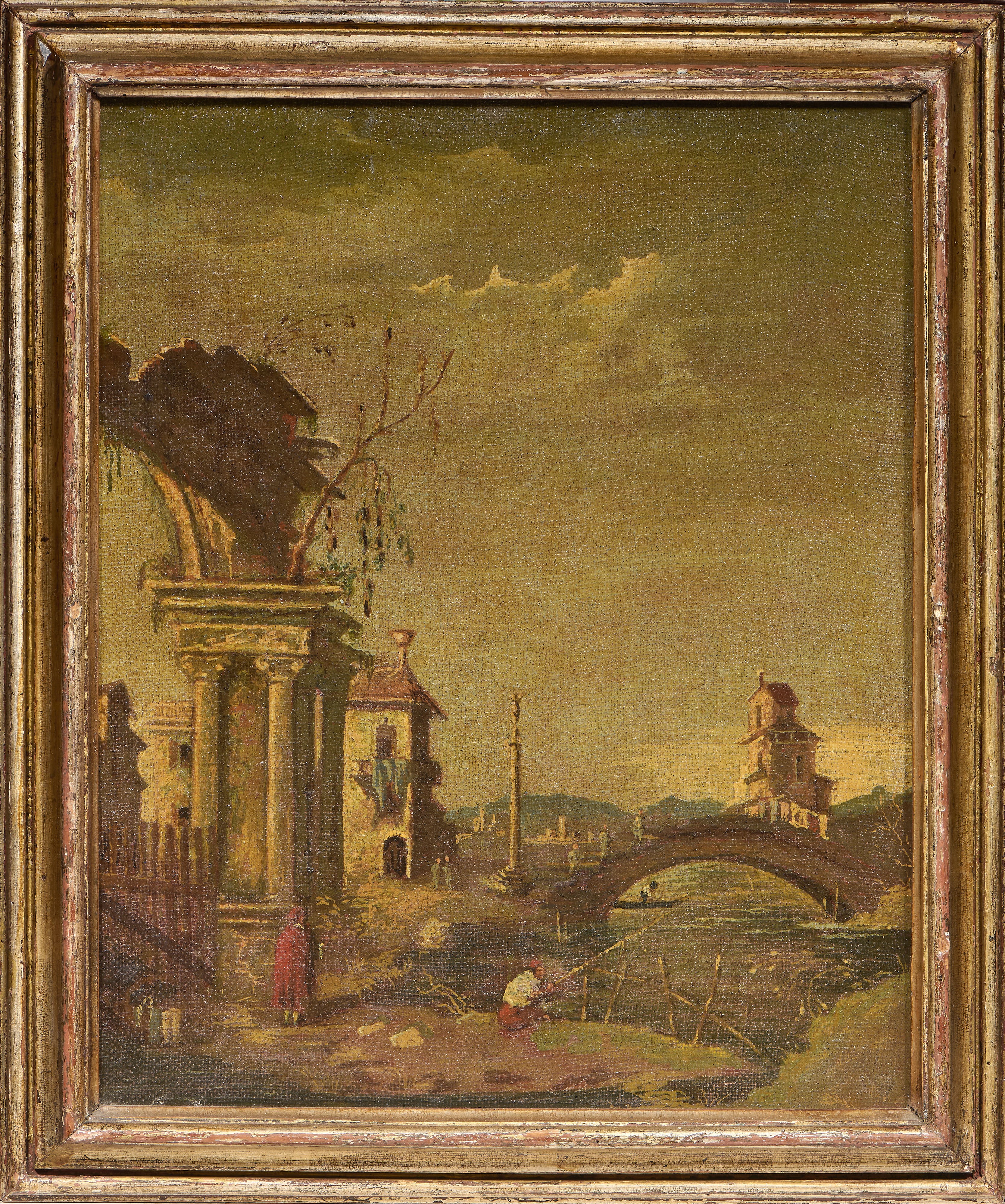 Ignoto Pittore Veneto del XIX - XX Secolo - «capriccio con Rovine e Ponte» e «capriccio con Barch...