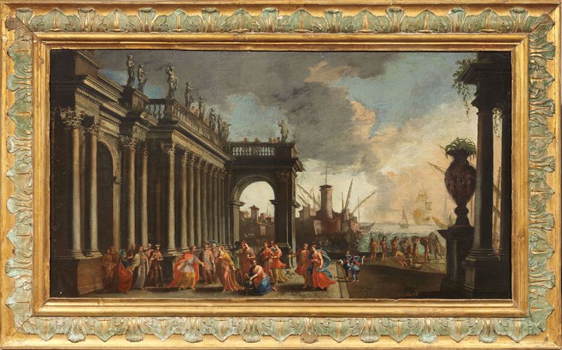 Veduta architettonica con porto e l'incontro della Regina di Saba con Re Salomone