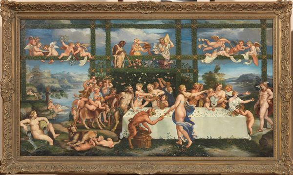 Ignoto pittore fine XVIII - inizio XIX secolo - Banchetto con ninfe, satiri e l'arrivo di Ermes