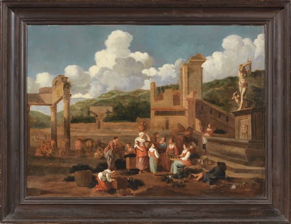 Scuola romana del XVIII secolo : Paesaggio con scena di mercato e ruderi architettonici  - Olio su tela - Asta Importanti Dipinti Antichi - Casa d'aste Farsettiarte