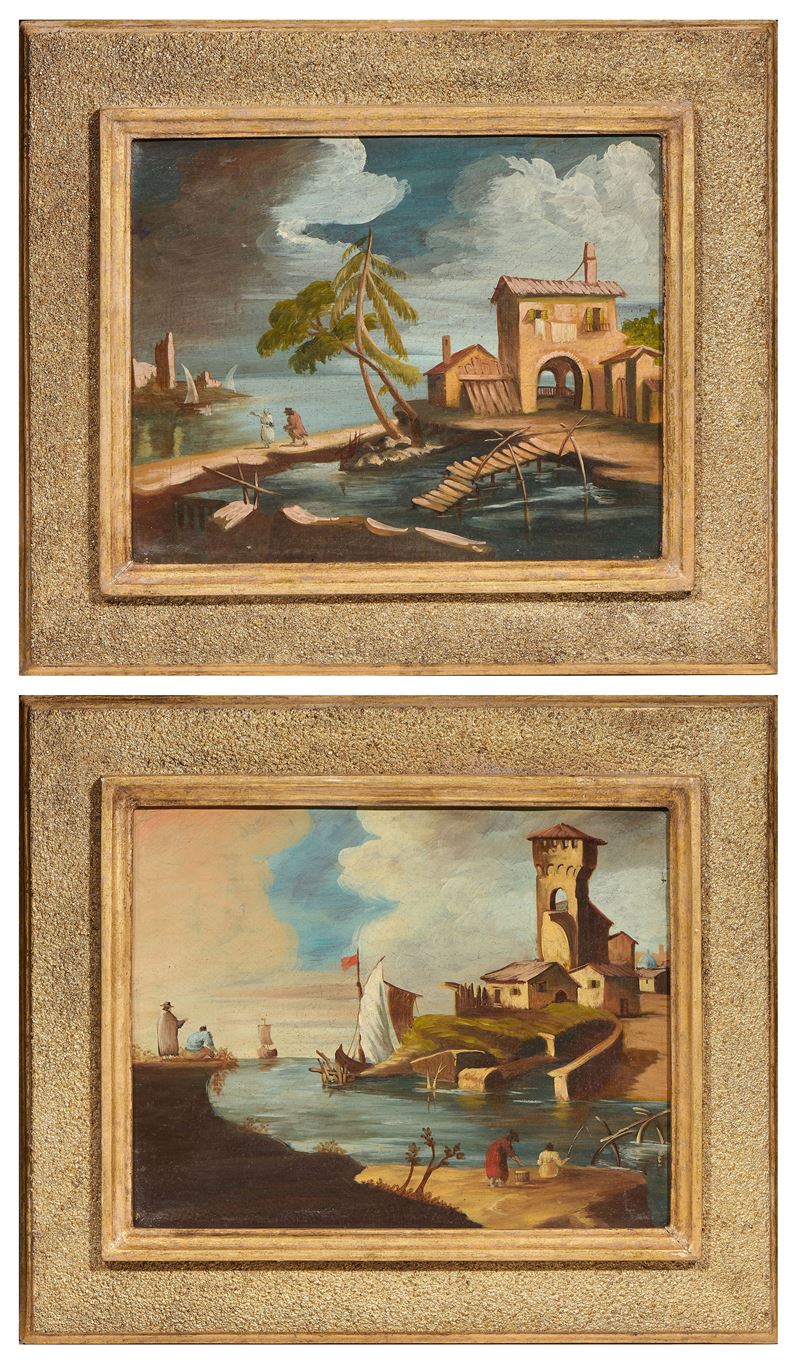 Ignoto del XX Secolo - «paesaggio Marino con Alberi e Figure» e «paesaggio Marino con Torre e Vel...