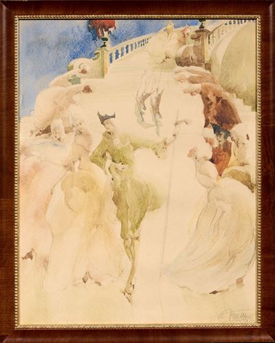 Scena con scalinata e figure in abiti settecenteschi, acquerello su carta (1922)