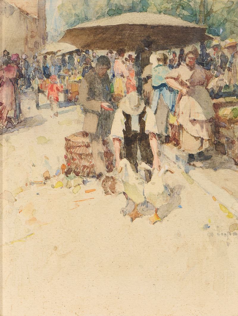 Alessandro Lupo - Scena di mercato, acquerello su carta