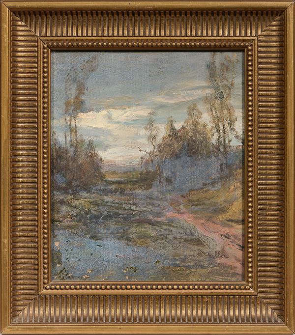 Ignoto fine XIX secolo : Paesaggio  - Olio su cartone - Asta Ottocento, Postmacchiaioli e Novecento - Asta a tempo - Casa d'aste Farsettiarte
