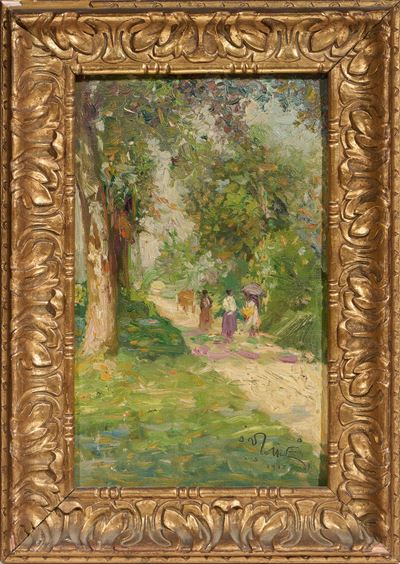 Paesaggio con figure, olio su cartone telato (1917)