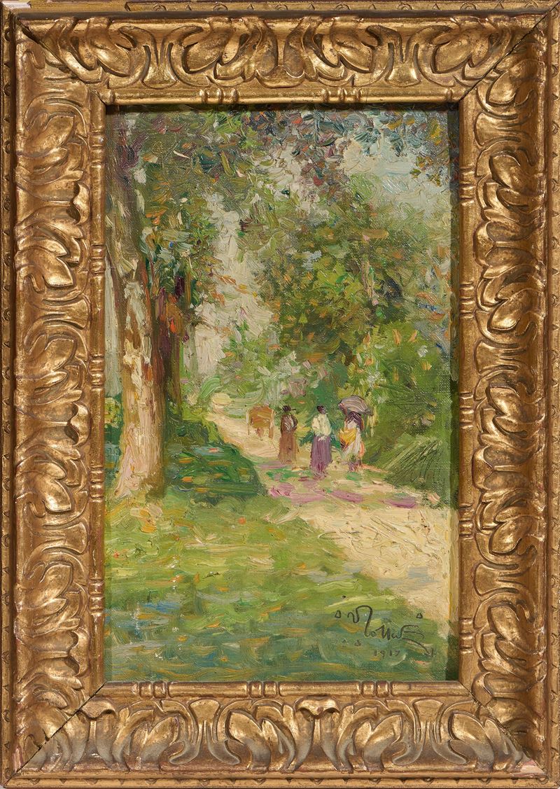 Venanzio Zolla - Paesaggio con figure, olio su cartone telato (1917)