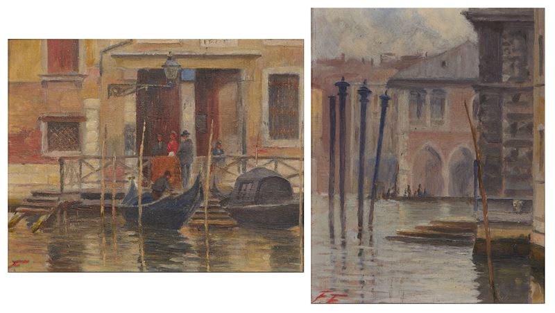 Ignoto del XX Secolo - F., Palazzo su Canal Grande e Scorcio di Canal Grande (olio su tavola)
