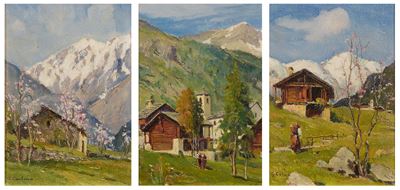 Tre vedute di montagna, olio su cartone