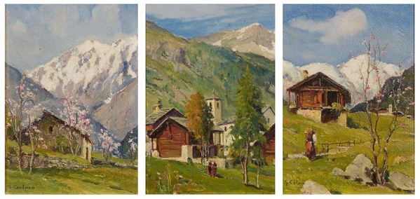 Giovanni Colmo : Tre opere raffiguranti «Vedute di montagna»  - Olio su cartone - Asta Ottocento, Postmacchiaioli e Novecento - Asta a tempo - Casa d'aste Farsettiarte