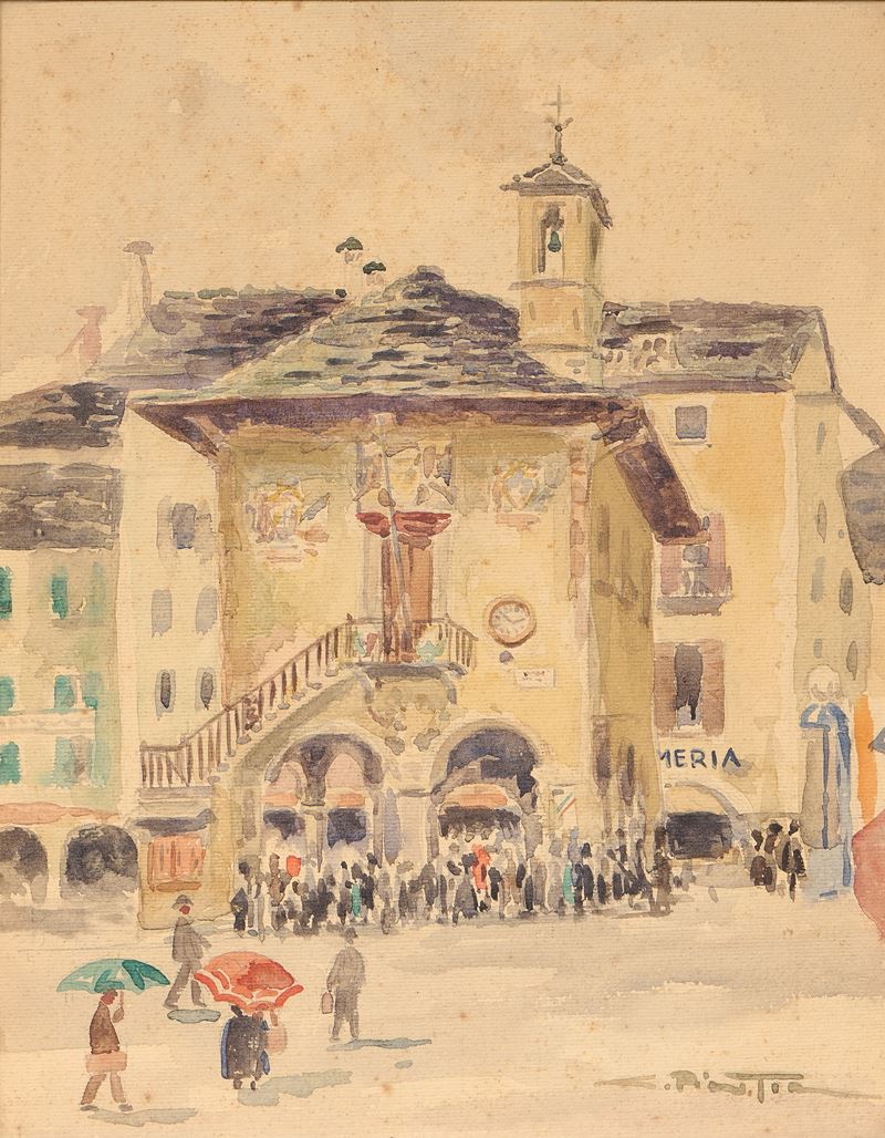 Ignoto del XX Secolo - Palazzotto di Orta San Giulio, acquerello su carta