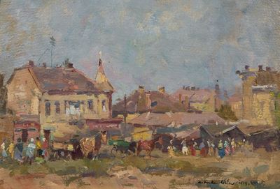 Festa di paese, olio su cartone