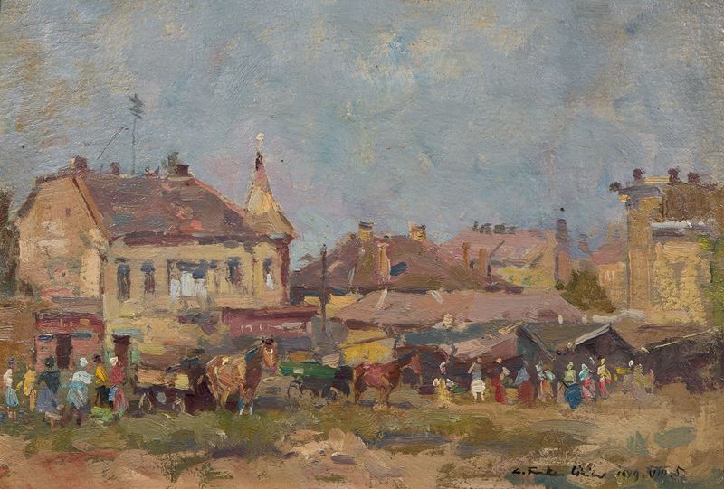 Ignoto Fine XIX - Inizio XX Secolo - Festa di paese, olio su cartone