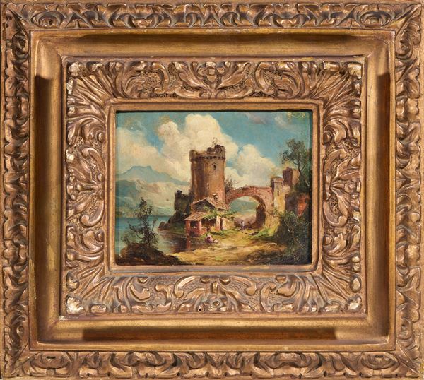 Ignoto fine XIX - inizio XX secolo - Paesaggio con torre