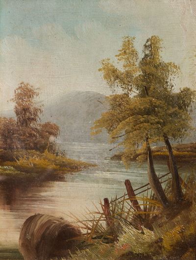 Paesaggio fluviale, olio su cartone