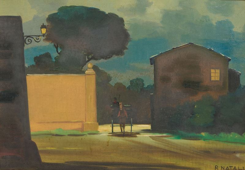 Renato Natali - Notturno con carrozza (olio su tavola)