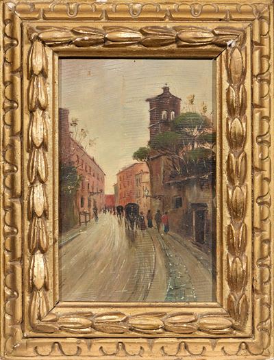 Strada con figure, olio su tavola