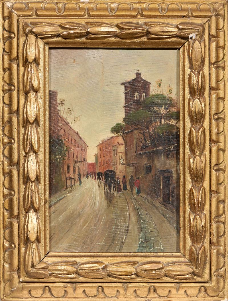 Ignoto del XX Secolo - Strada con figure, olio su tavola