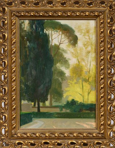Parco con alberi, olio su tavola