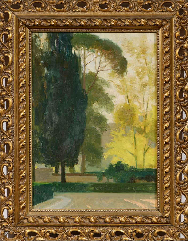 Ignoto del XX Secolo - Parco con alberi, olio su tavola