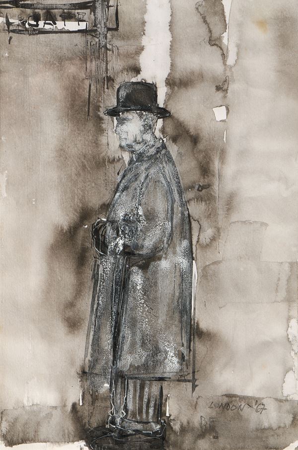 Ignoto del XX secolo : Uomo con cappello  (1967)  - Acquerello e tecnica mista su carta - Asta Ottocento, Postmacchiaioli e Novecento - Asta a tempo - Casa d'aste Farsettiarte
