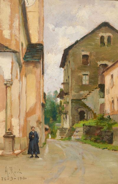 A. Rossi, Scorcio di paese con figura