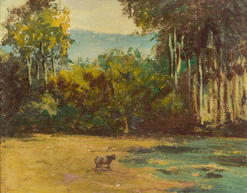 Ignoto del XX Secolo - Paesaggio con mucca, olio su tavola